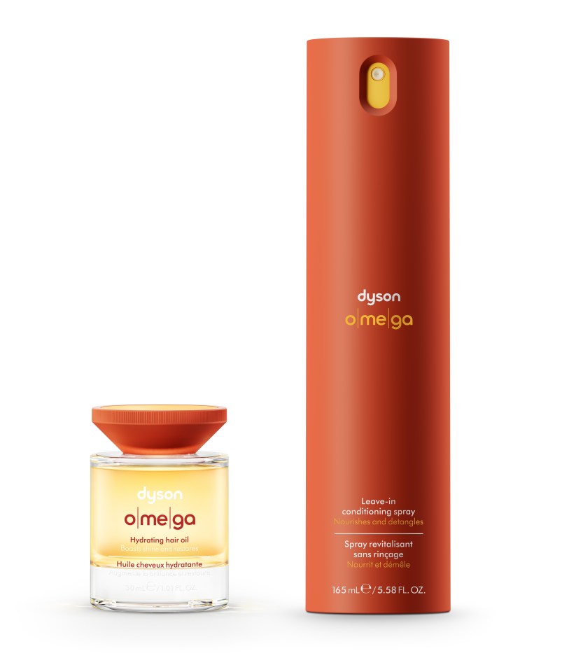 Illustration of Dyson Olmega hydrating hair oil and leave-in conditioning spray.