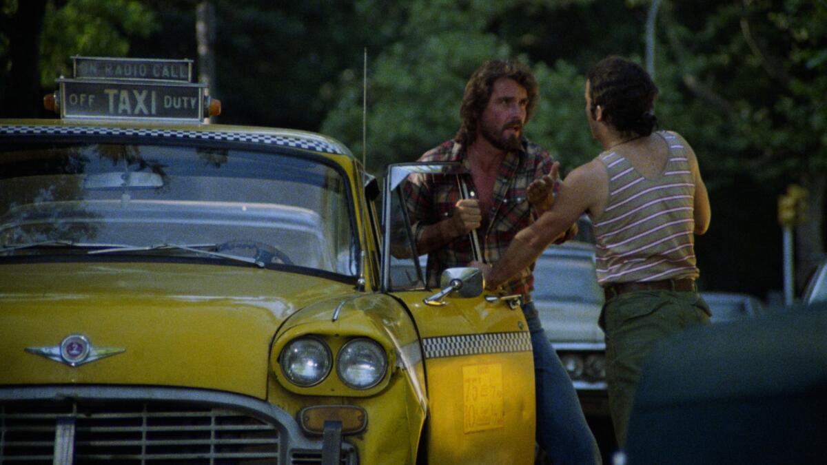 A man exits a taxi in conversation.