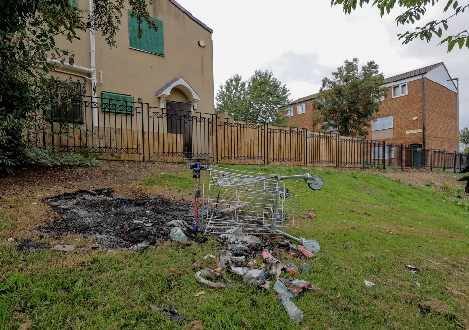Burned debris and a shopping cart in a grassy area near buildings.