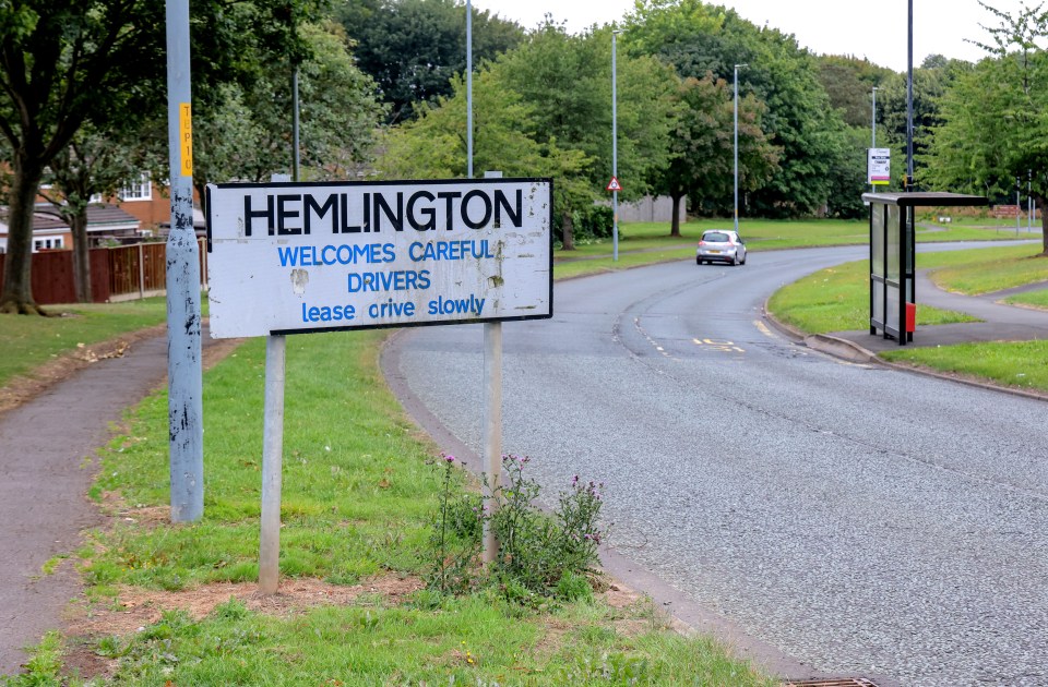 Hemlington welcome sign urging drivers to drive slowly.