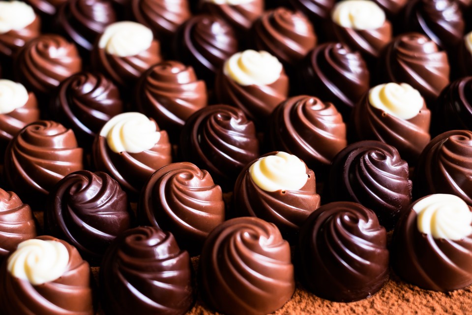 Collection of milk, dark, and white chocolate candies.