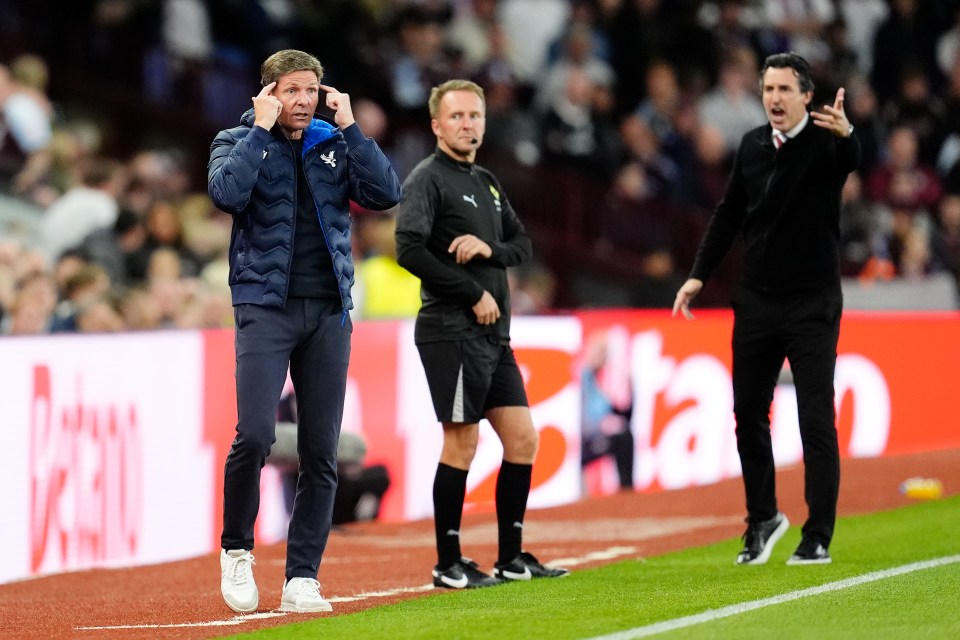 Crystal Palace and Aston Villa managers gesturing on the touchline.