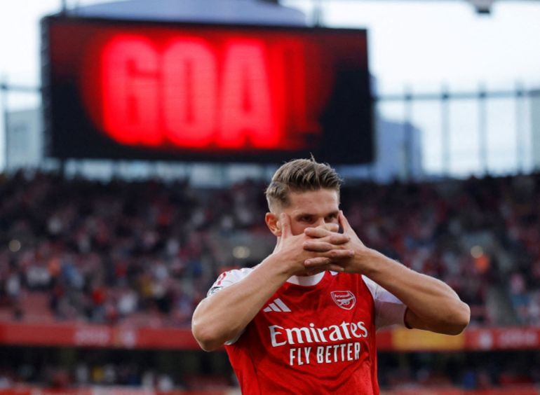 Premier League - Arsenal v Leeds United - Arsenal's Viktor Gyokeres celebrates scoring their fifth goal