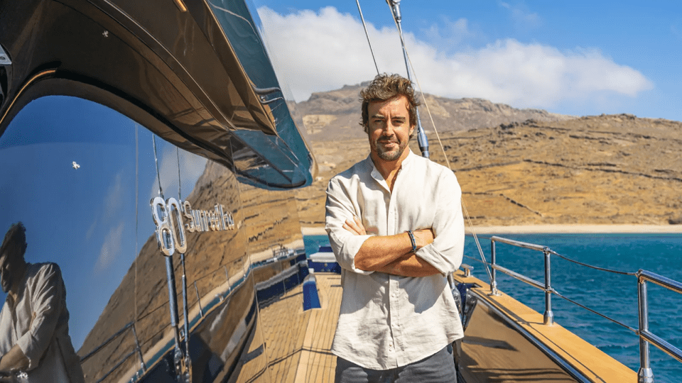 Fernando Alonso with his new electric 60 Sunreef Power Eco yacht.