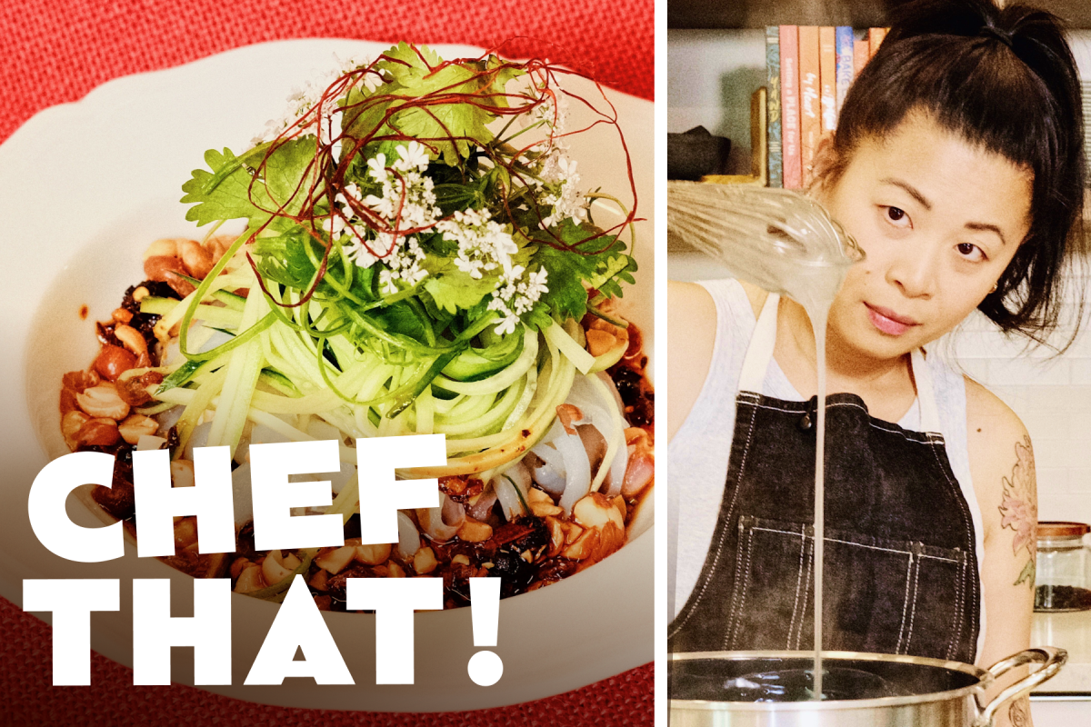 Mei Lin, of 88 Club, right, makes mung bean noodles in the Times Test Kitchen. Left, the  spicy mung bean noodles.