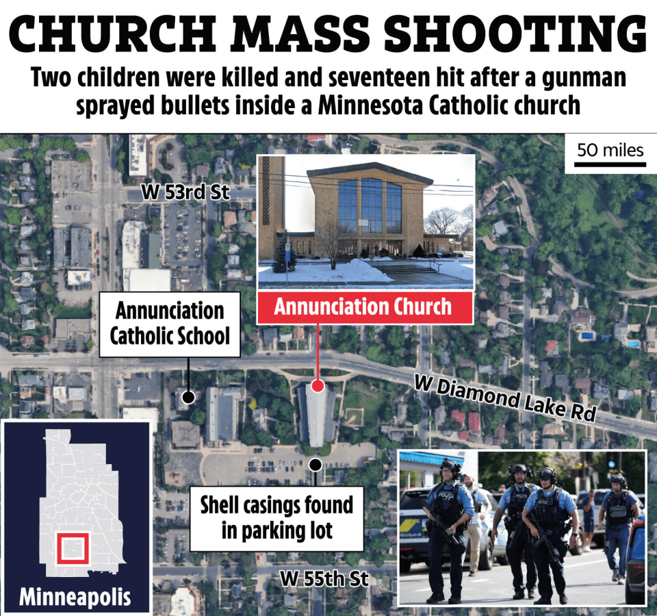 Map showing location of Minnesota church mass shooting; two children killed, seventeen injured.