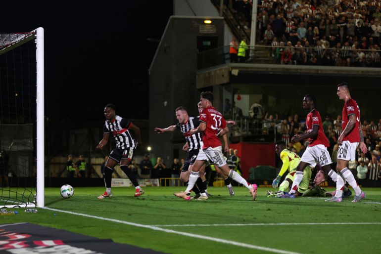 Tyrell Warren of Grimsby Town scores his team's second goal during the Carabao Cup Second Round match between Grimsby Town and Manchester United