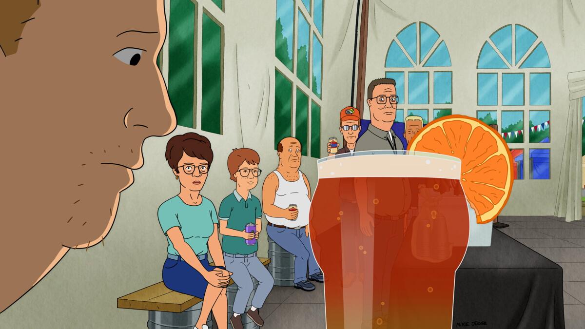 An animated closeup of a man looking at a beer glass with an orange slice as a group of people stand in the background.