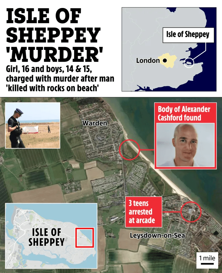 Collage of maps, photos, and text about a murder on the Isle of Sheppey.
