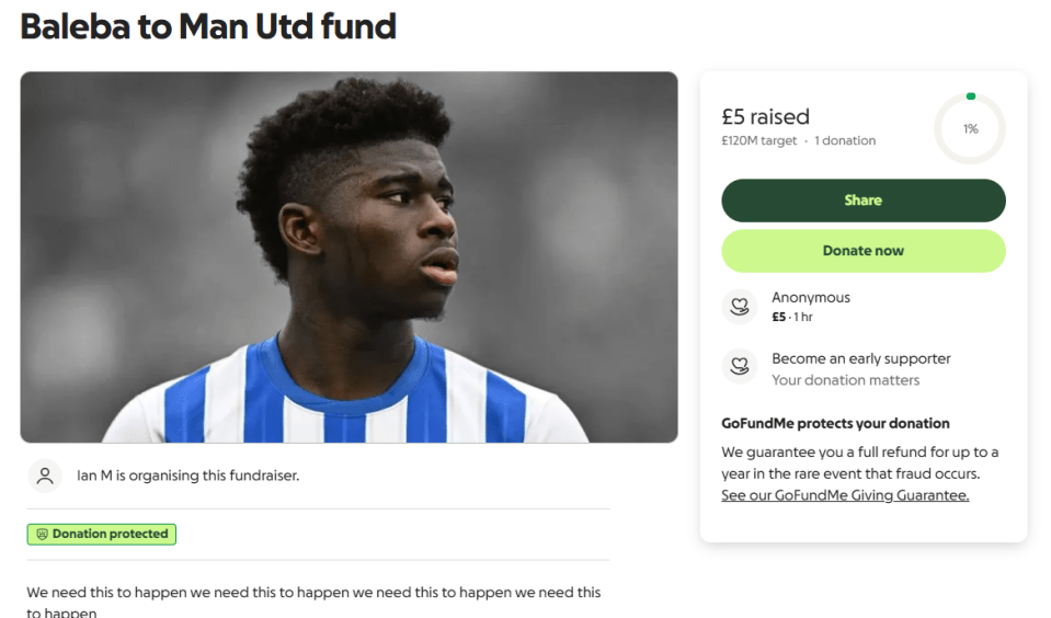 Screenshot of a GoFundMe page for a Baleba to Man Utd fund, showing £5 raised of a £120M target.