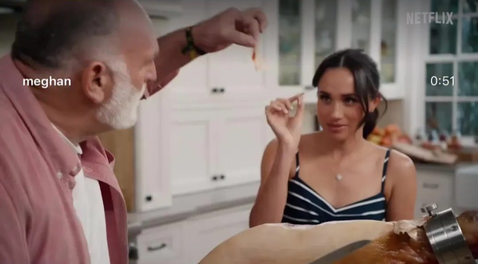 Meghan Markle in a kitchen scene.