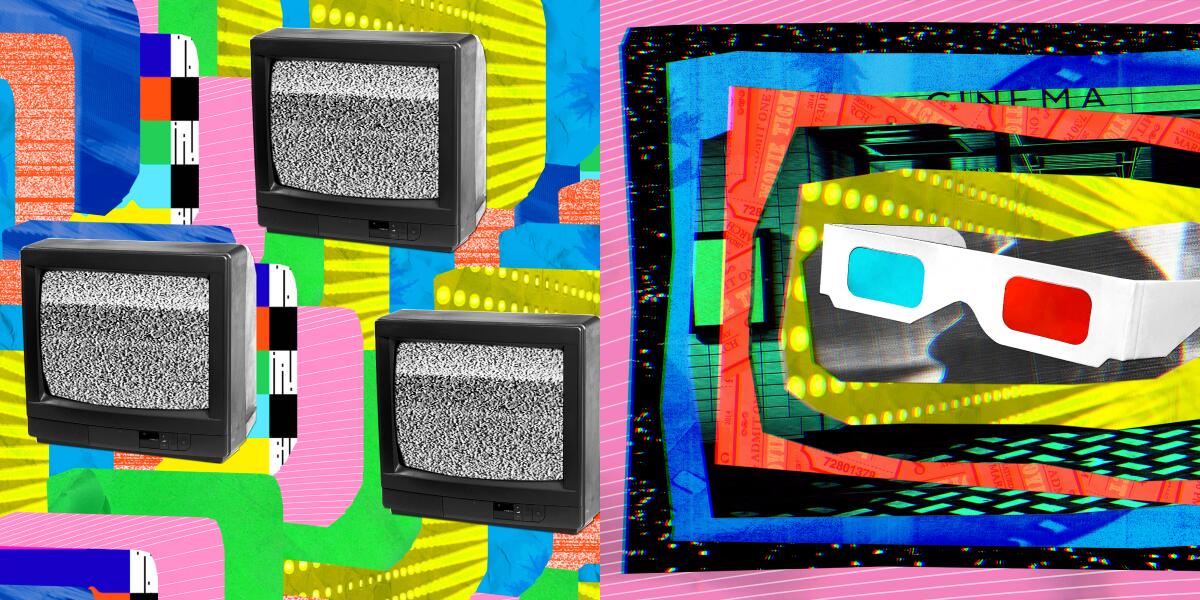 a graphic illustration of tvs and 3d movie glasses on top of bright colors and patterns
