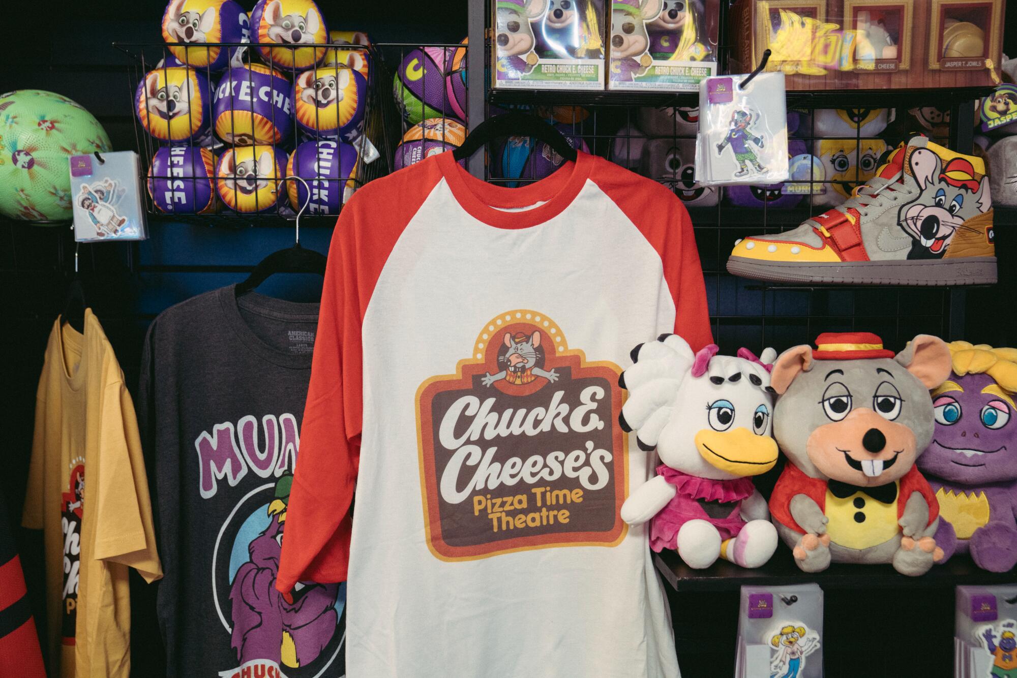 An assortment of shirts and plushies.