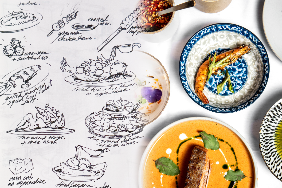 Sketches of dishes, and some that came to fruition, at Anajak Thai