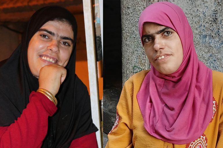 A collage of two photos showing the same young woman before and during the genocide in Gaza