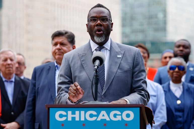 Chicago Mayor Brandon Johnson speaks during a press conference in Chicago, Illinois, on August 25, 2025.