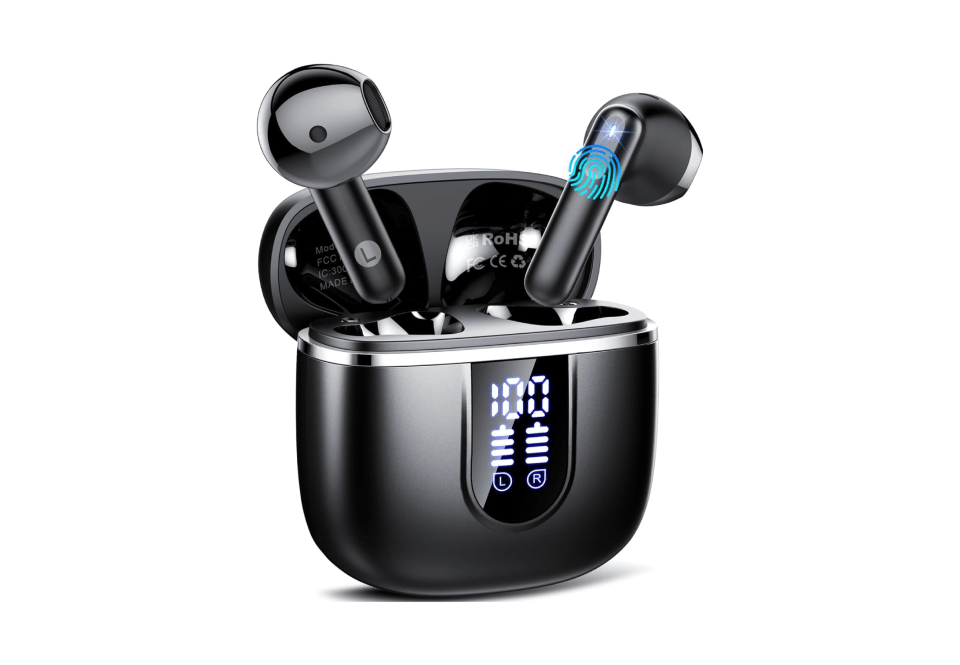 Amazon earbuds in charging case.