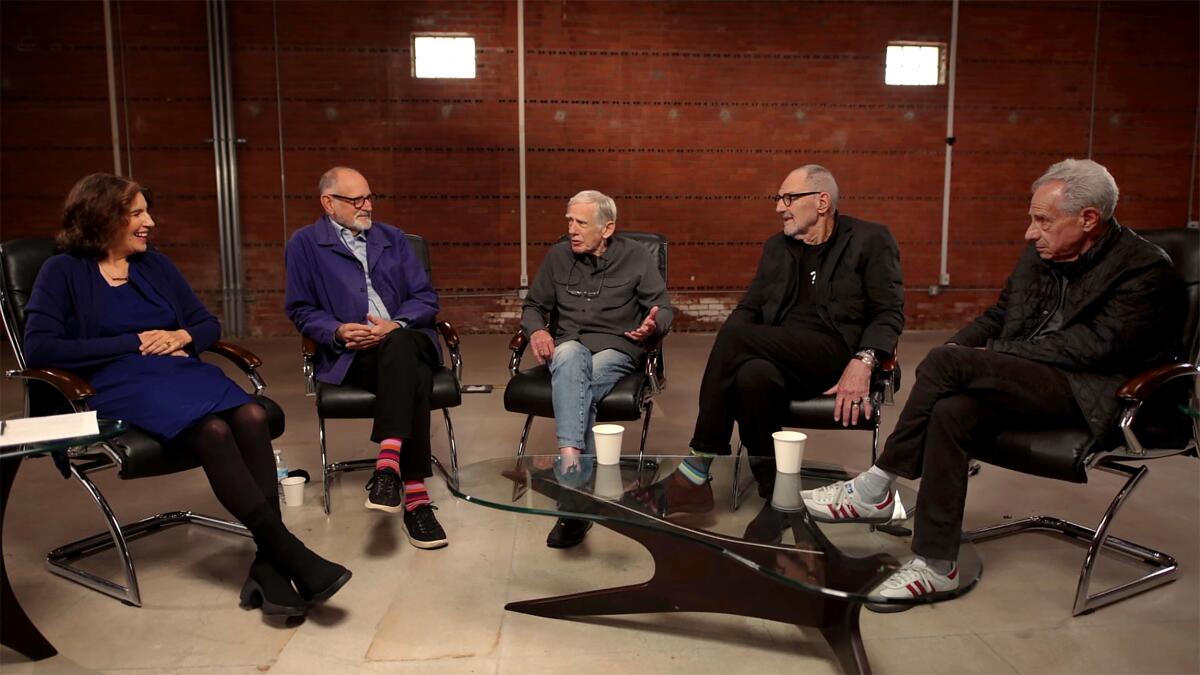 (Left to right) Frances Anderton, Frederick Fisher, Craig Hodgetts, Thom Mayne and Eric Owen Moss 