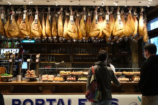 Jamones de Jabugo on the counter of a bar in San SebastiÃ¡n