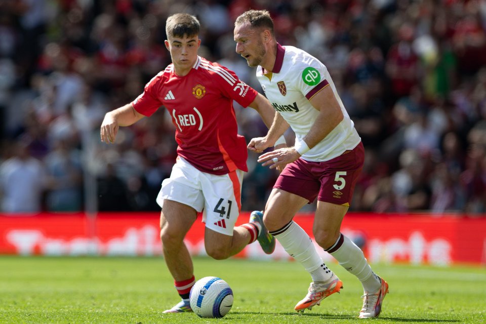 Manchester United's Harry Amass and West Ham United's Vladimir Coufal competing for the ball during a Premier League match.