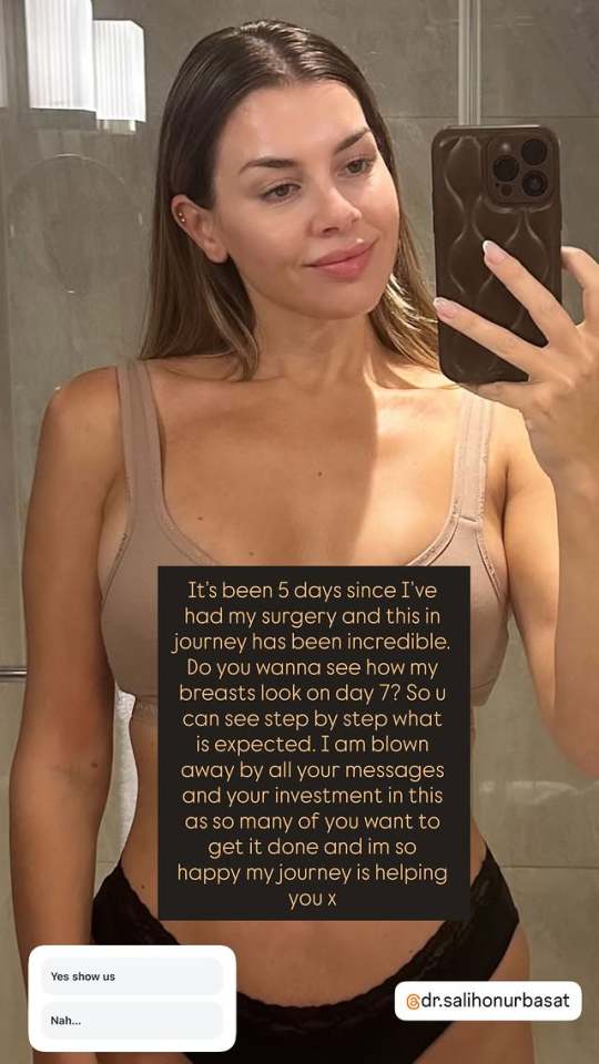 Woman's selfie five days post-breast surgery, showing healing progress.