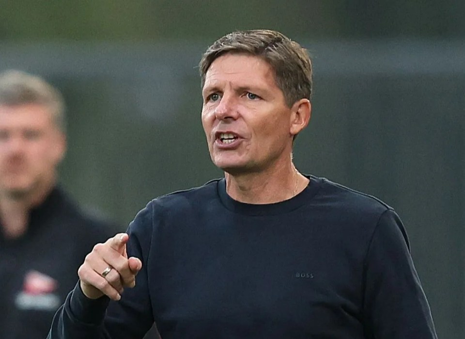 Oliver Glasner, Crystal Palace manager, gesturing on the touchline.