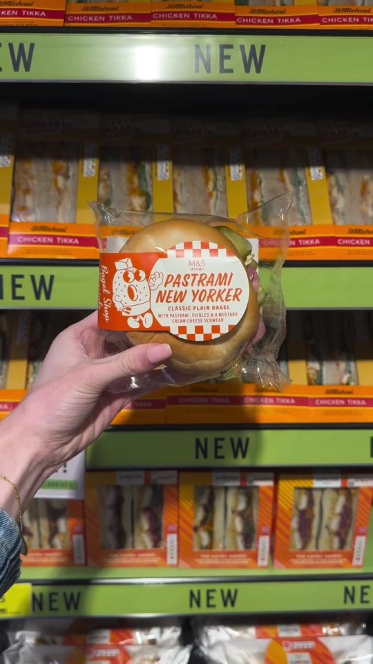 Hand holding a pastrami New Yorker bagel in a store.