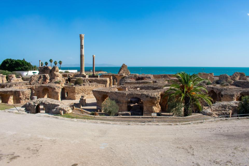 Panoramic view of ancient ruins and thermal baths in Carthage, Tunisia.