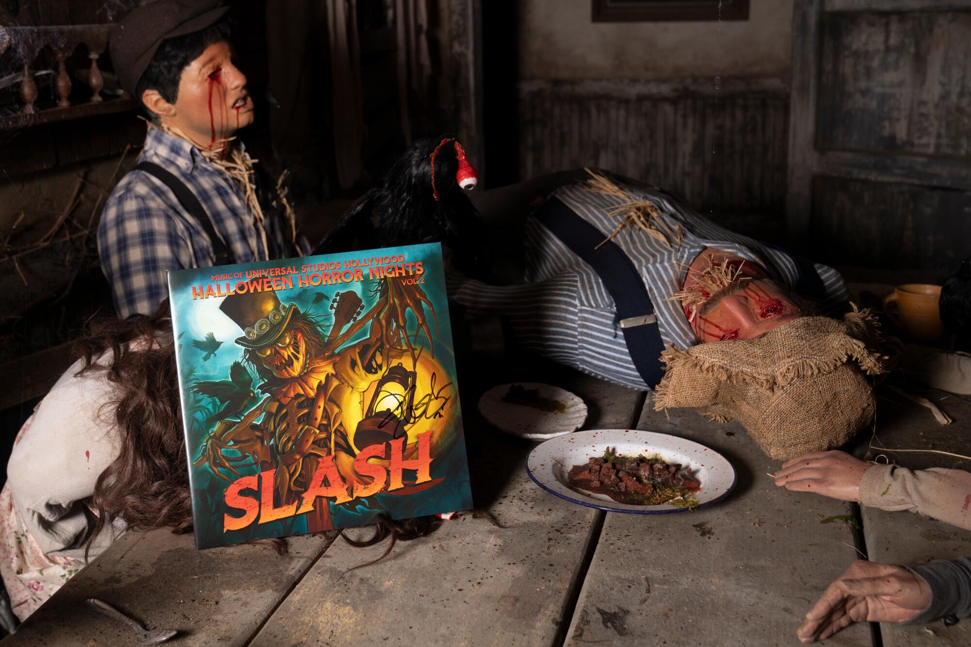 A vinyl record set inside a spooky haunted house. 