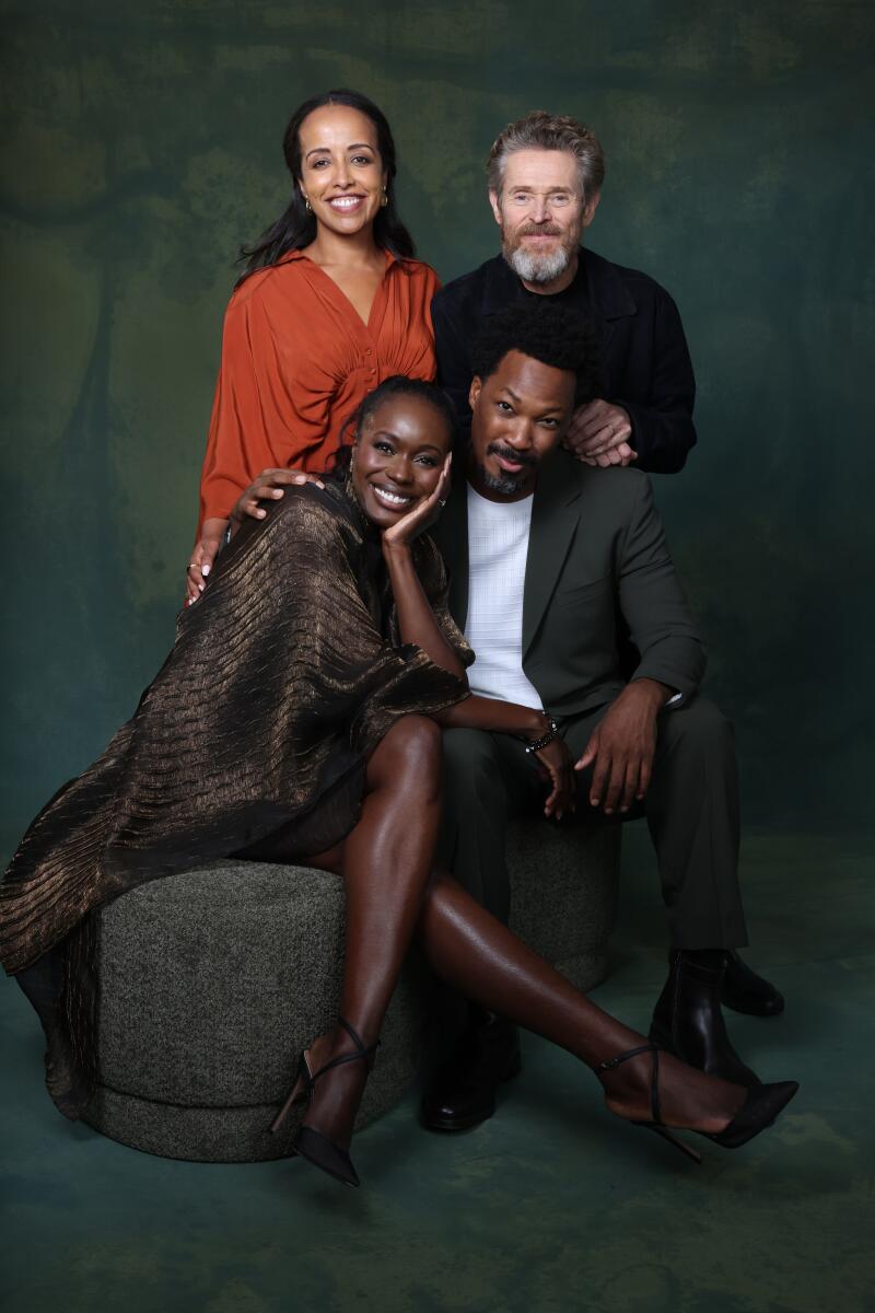 Back row left to right, Nadia Latif and Willem Dafoe. Front row left to right, Anna Diop and Corey Hawkins from the film "The Man in My Basement."
