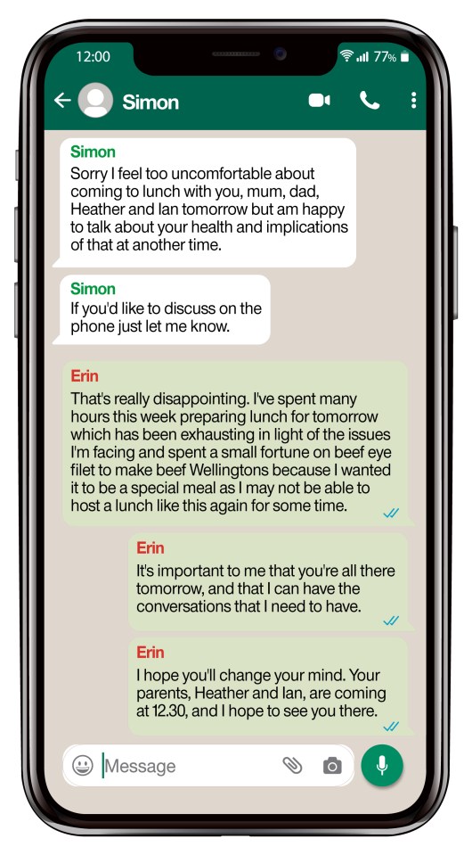 WhatsApp conversation showing Simon canceling lunch due to health concerns.