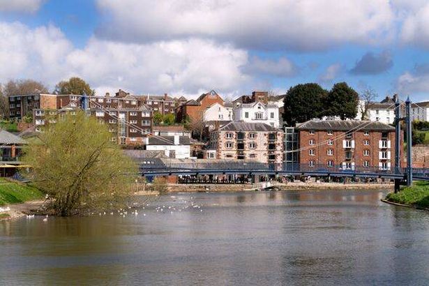 Old houses on the river bank in Exeter, Devon, England.