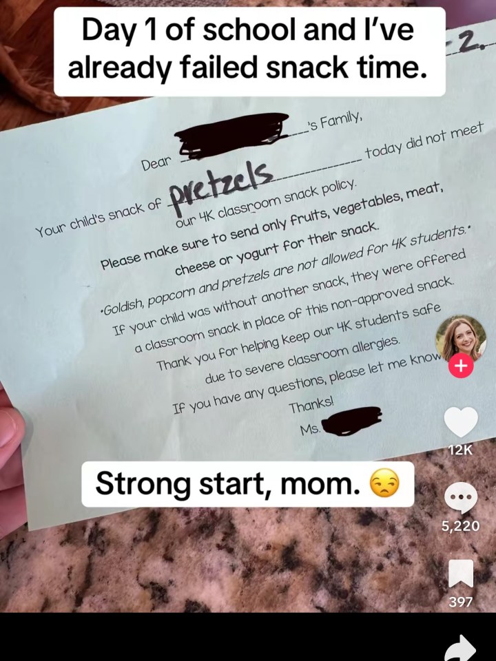 Photo of a note from a teacher about a child's snack that didn't meet snack guidelines, stating "Day 1 of school and I've already failed snack time."