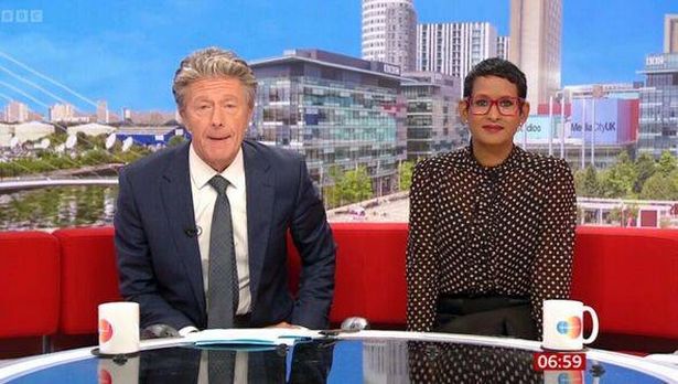 BBC Breakfast's Charlie Stayt and Naga Munchetty on red sofa in BBC studio