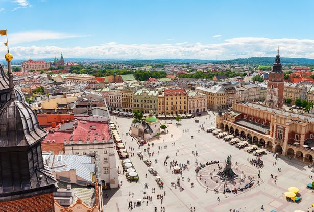 Aerial view on the central square and Sukiennice in Krakow