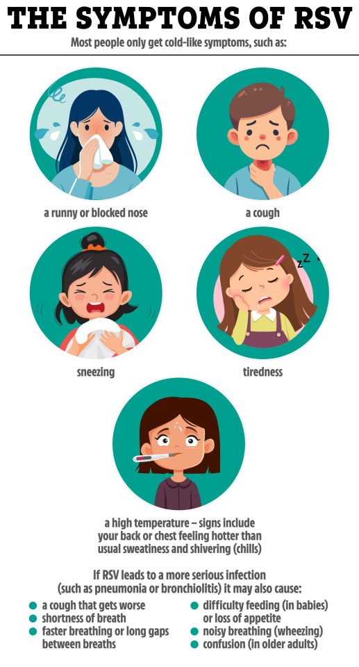 Illustration of RSV symptoms: runny/blocked nose, cough, sneezing, tiredness, high temperature.  More serious symptoms may include shortness of breath and difficulty feeding.