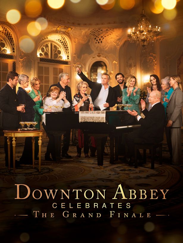 A poster for Downton Abbey Celebrates The Grand Finale featuring some of the cast stood around a piano.