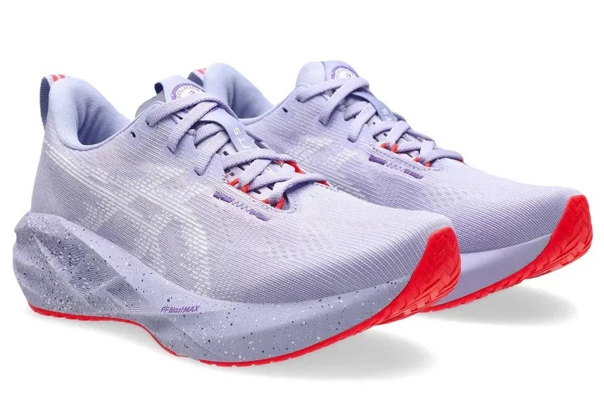 Pair of lavender Asics Novablast 5 running shoes.