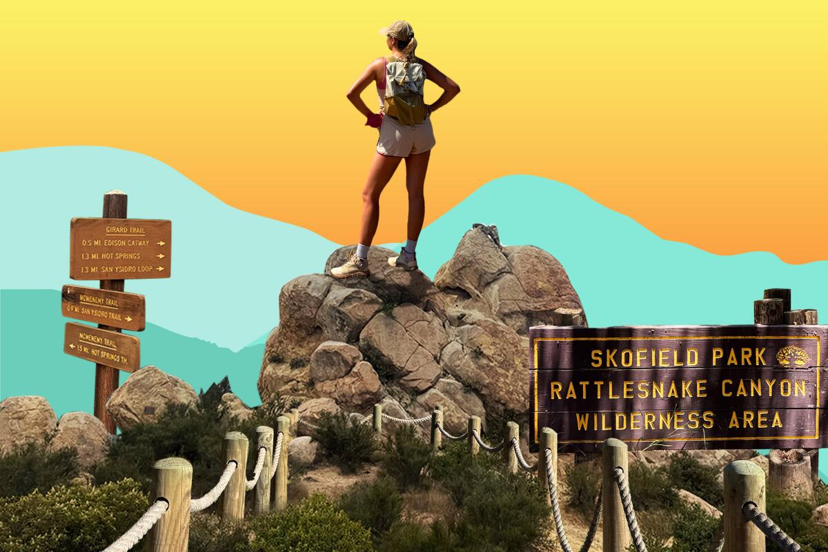 A hiker standing atop a pile of rocks looking over an illustrated set of hills and mountains at sunset.