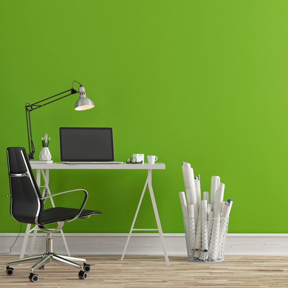 3D illustration of a modern home office with a white desk, black chair, and green wall.