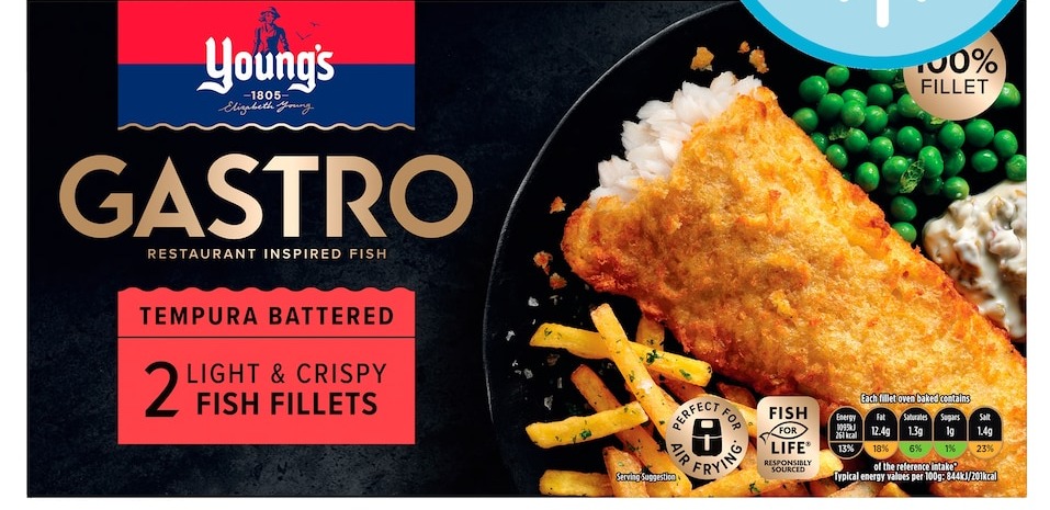 Package of Young's Gastro Tempura Battered Fish Fillets.