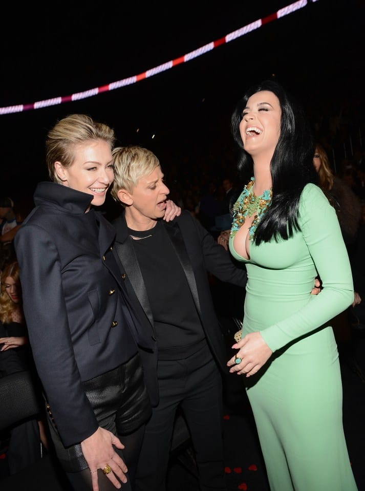 Portia de Rossi, Ellen DeGeneres, and Katy Perry at the Grammy Awards.
