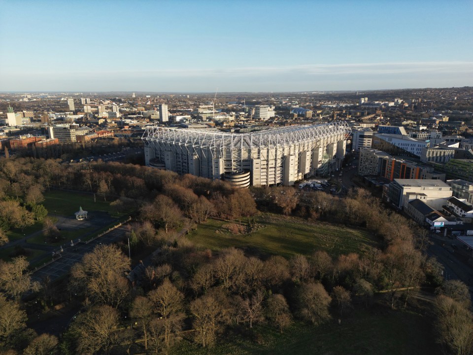 Aerial view of St. James' Park stadium in Newcastle upon Tyne.