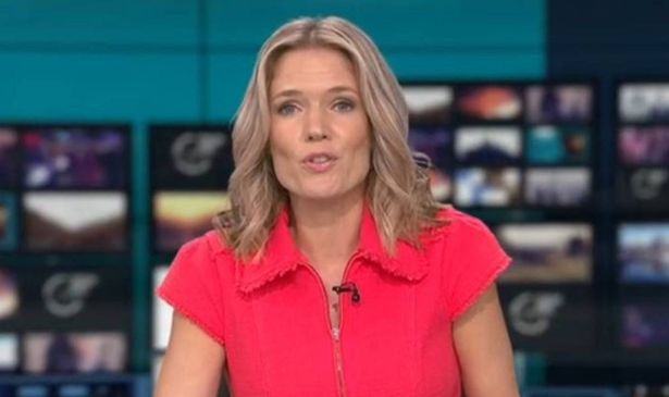 A blonde woman in red on the ITV evening news