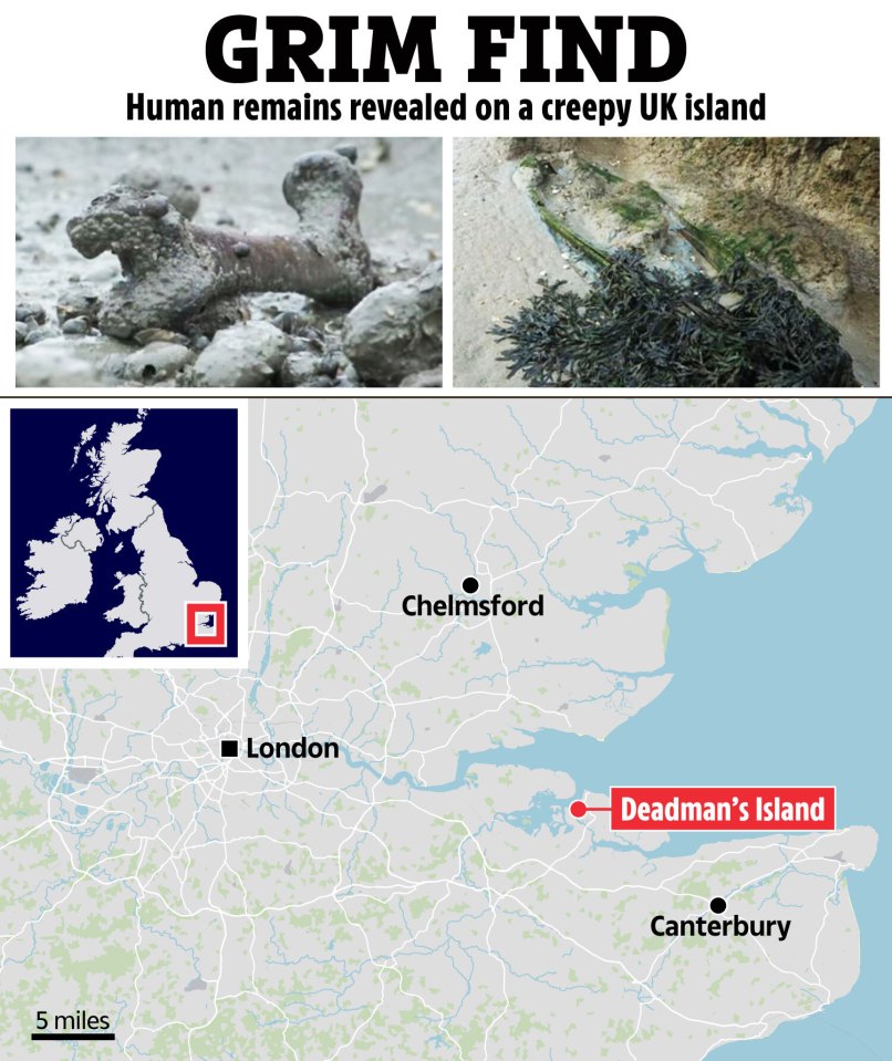 Map showing location of Deadman's Island in the UK, where human remains were found.