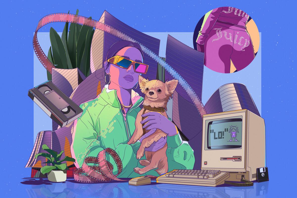 Illustration on Y2K spots in L.A. like old computer and video stores, new home of Juicy Couture, Walt Disney Concert Hall