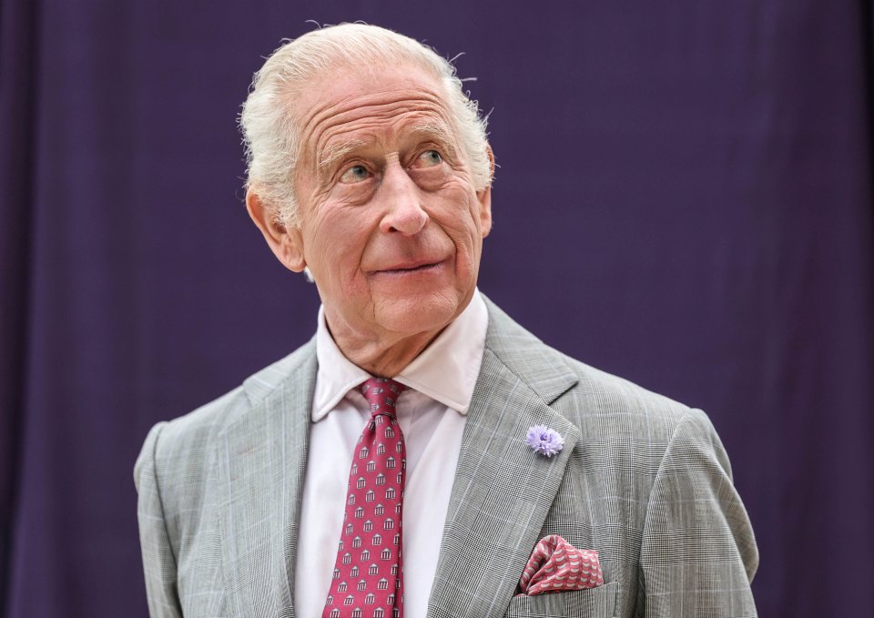 King Charles III, wearing a gray suit and a red tie, arrives to officially open Midland Metropolitan University Hospital.