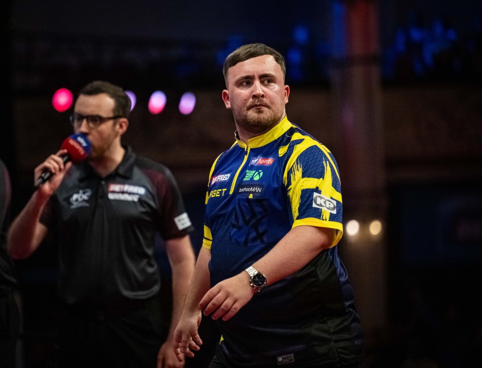 Luke Littler during the Betfred World Matchplay Darts Day 9.