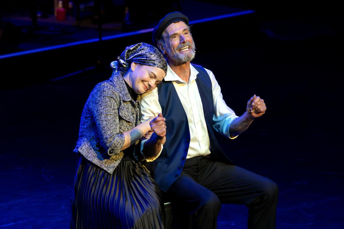 Jennifer Babiak (Golde) and Steven Skybell (Tevye) in "Fiddler on the Roof" in Yiddish at the Soraya.