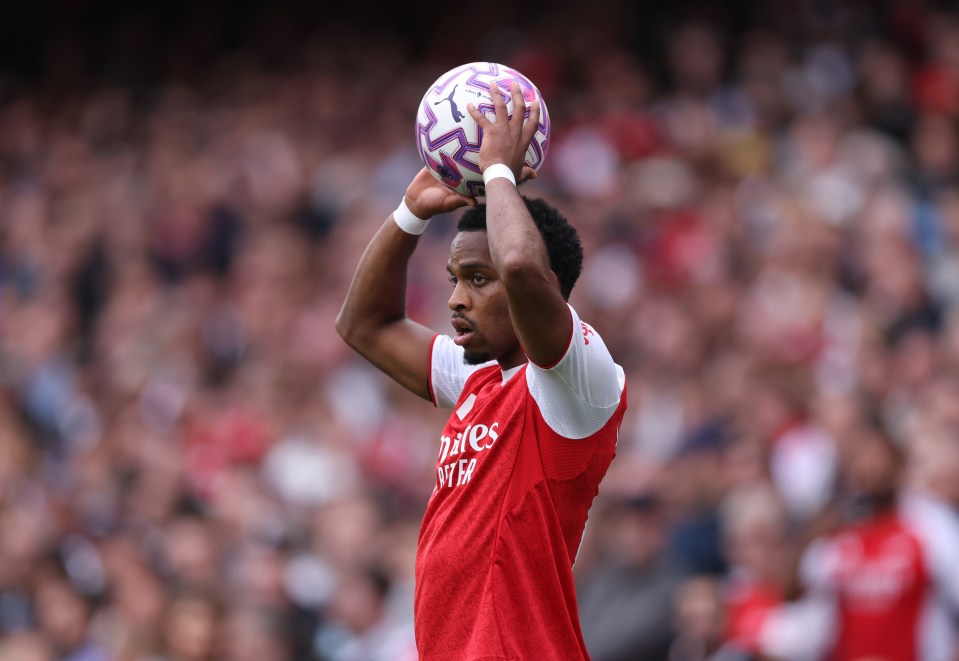 Jurrien Timber of Arsenal prepares to take a throw-in.